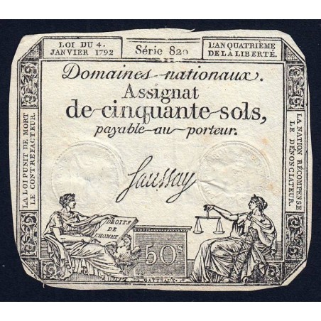 Assignat 26a - 50 sols - 4 janvier 1792 - Série 820 - Etat : TB