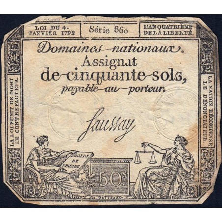 Assignat 26a - 50 sols - 4 janvier 1792 - Série 860 - Etat : B