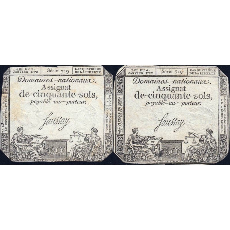 Assignat 26a-v1a (variété) + 26a - 50 sols - 4 janvier 1792 - Série 719 - Etat : TB+ / TB-