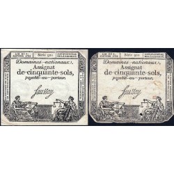 Assignat 26a_v1a + 26a - 50 sols - 4 janvier 1792 - Série 921 - Etat : TB / TTB