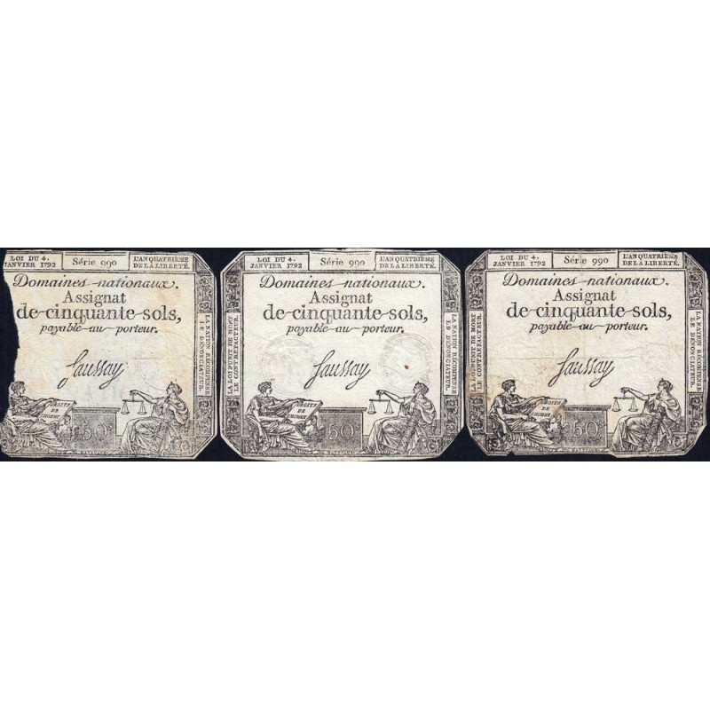Assignat 26a-v1b (variété) + 26a-v1a + 26a - 50 sols - 4 janvier 1792 - Série 990 - Etat : TTB+ / TB / AB