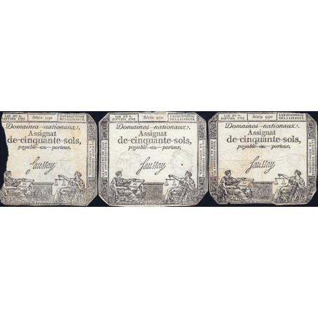 Assignat 26a-v1b (variété) + 26a-v1a + 26a - 50 sols - 4 janvier 1792 - Série 990 - Etat : TTB+ / TB / AB