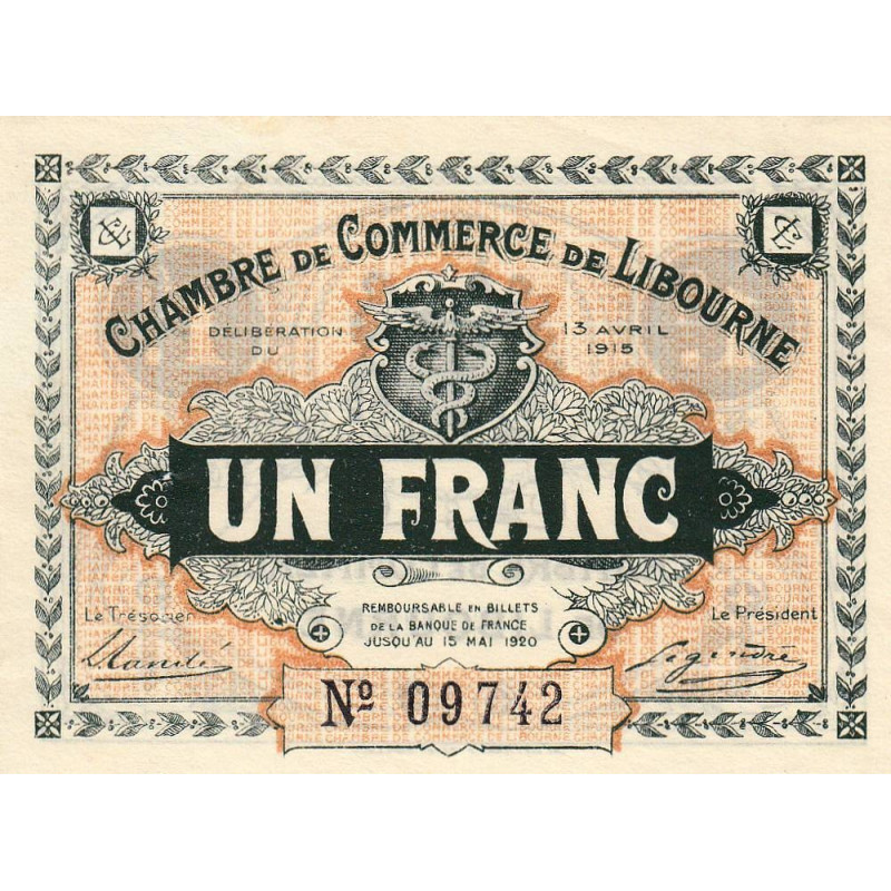 Libourne - Pirot 72-4 - 1 franc - Sans série - 13/04/1915 - Etat : SUP