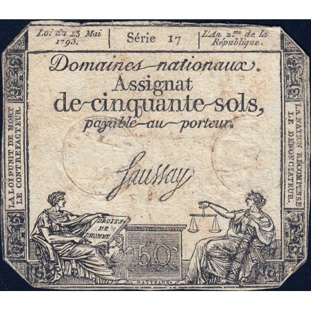 Assignat 42a - 50 sols - 23 mai 1793 - Série 17 - Filigrane royal - Etat : B+