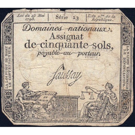 Assignat 42a - 50 sols - 23 mai 1793 - Série 23 - Filigrane royal - Etat : B+