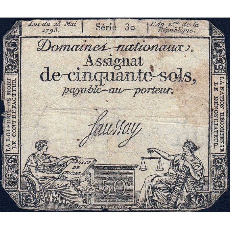 Assignat 42a - 50 sols - 23 mai 1793 - Série 30 - Filigrane royal - Etat : B