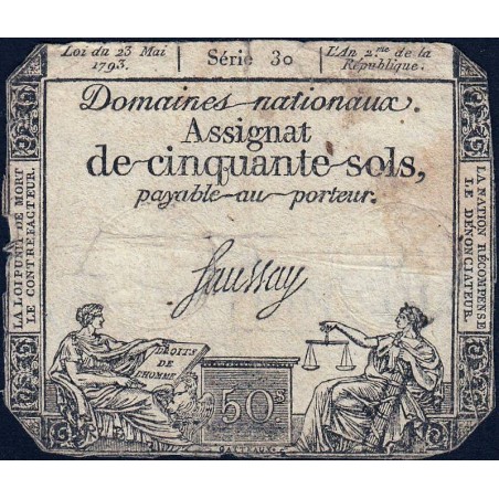 Assignat 42a - 50 sols - 23 mai 1793 - Série 30 - Filigrane royal - Etat : B