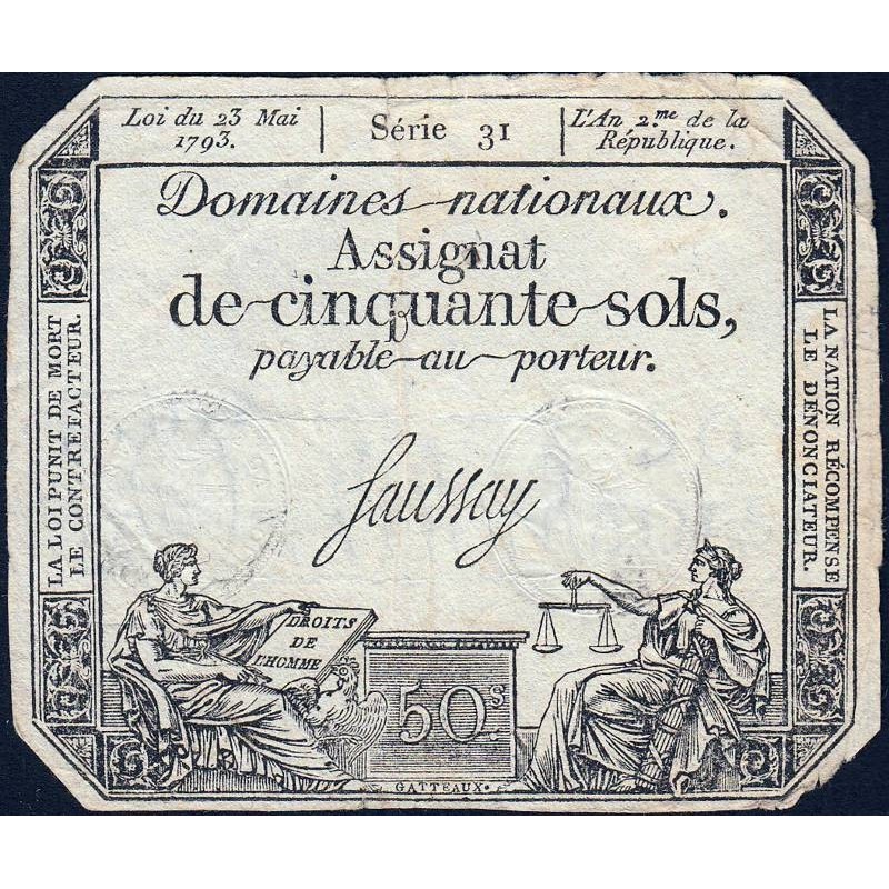 Assignat 42a - 50 sols - 23 mai 1793 - Série 31 - Filigrane royal - Etat : TB+
