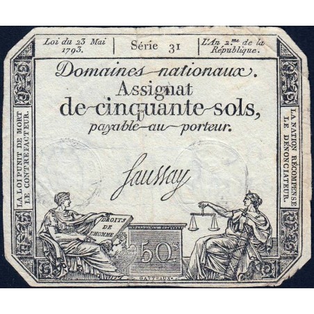 Assignat 42a - 50 sols - 23 mai 1793 - Série 31 - Filigrane royal - Etat : TB+