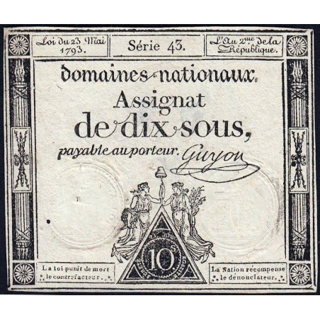 Assignat 40b - 10 sous - 23 mai 1793 - Série 43 - Filigrane républicain - Etat : TTB