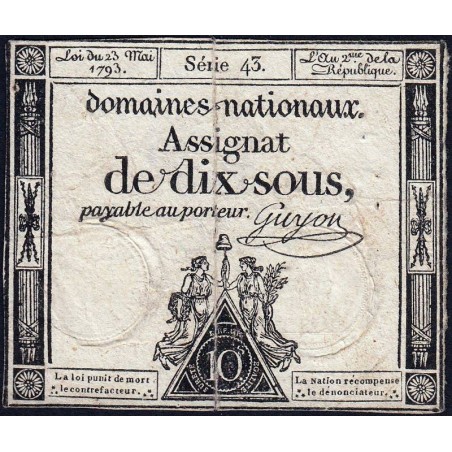 Assignat 40b - 10 sous - 23 mai 1793 - Série 43 - Filigrane républicain - Etat : TB