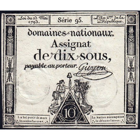 Assignat 40b - 10 sous - 23 mai 1793 - Série 95 - Filigrane républicain - Etat : TTB