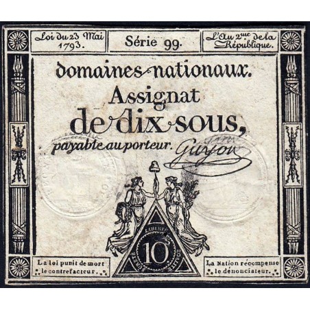 Assignat 40b - 10 sous - 23 mai 1793 - Série 99 - Filigrane républicain - Etat : TB+