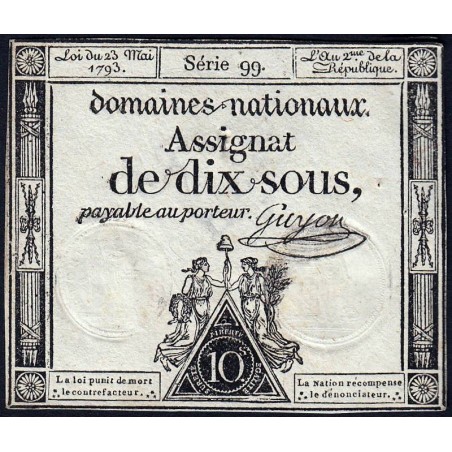 Assignat 40b - 10 sous - 23 mai 1793 - Série 99 - Filigrane républicain - Etat : TTB