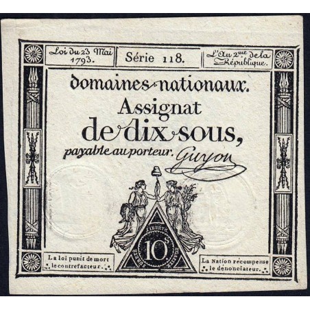 Assignat 40b - 10 sous - 23 mai 1793 - Série 118 - Filigrane républicain - Etat : SUP+