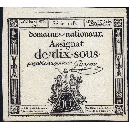 Assignat 40b - 10 sous - 23 mai 1793 - Série 118 - Filigrane républicain - Etat : TB+