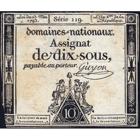 Assignat 40b - 10 sous - 23 mai 1793 - Série 119 - Filigrane républicain - Etat : TB-