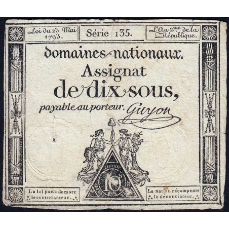 Assignat 40b - 10 sous - 23 mai 1793 - Série 135 - Filigrane républicain - Etat : TB