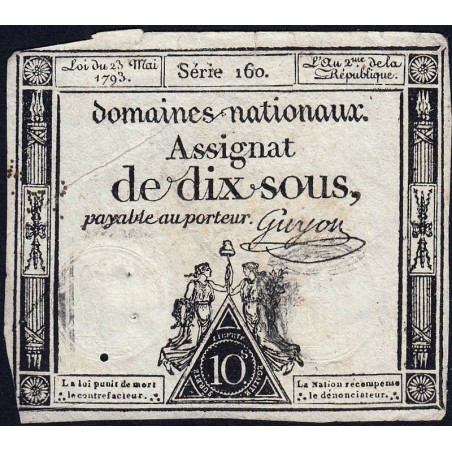 Assignat 40b - 10 sous - 23 mai 1793 - Série 160 - Filigrane républicain - Etat : TB-