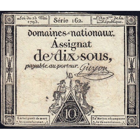 Assignat 40b - 10 sous - 23 mai 1793 - Série 162 - Filigrane républicain - Etat : TB-