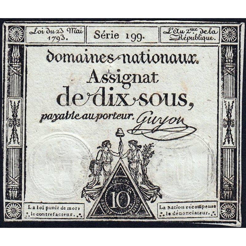 Assignat 40b - 10 sous - 23 mai 1793 - Série 199 - Filigrane républicain - Etat : TTB+