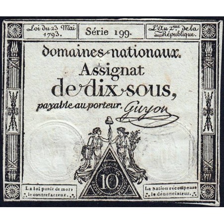 Assignat 40b - 10 sous - 23 mai 1793 - Série 199 - Filigrane républicain - Etat : TTB+