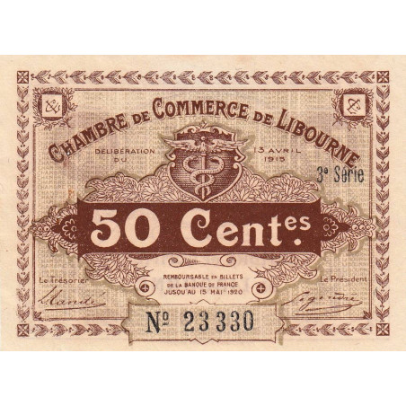 Libourne - Pirot 72-15 - 50 centimes - 3e série - 13/04/1915 - Etat : SUP