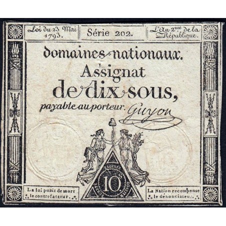 Assignat 40b - 10 sous - 23 mai 1793 - Série 202 - Filigrane républicain - Etat : TB+