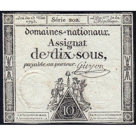 Assignat 40b - 10 sous - 23 mai 1793 - Série 202 - Filigrane républicain - Etat : TTB