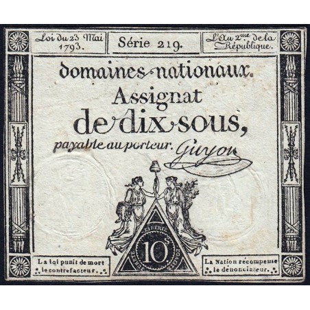 Assignat 40b - 10 sous - 23 mai 1793 - Série 219 - Filigrane républicain - Etat : TB+