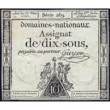 Assignat 40b - 10 sous - 23 mai 1793 - Série 269 - Filigrane républicain - Etat : TB+