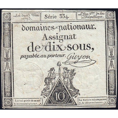 Assignat 40b - 10 sous - 23 mai 1793 - Série 334 - Filigrane républicain - Etat : TB