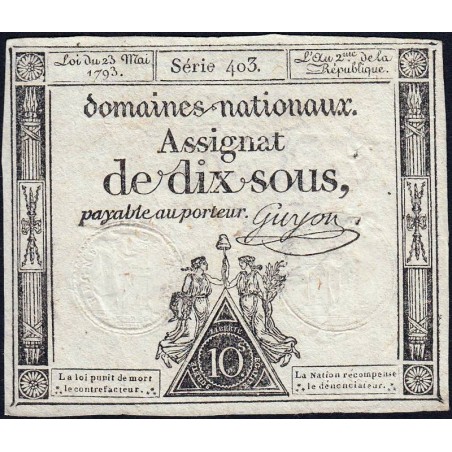 Assignat 40b - 10 sous - 23 mai 1793 - Série 403 - Filigrane républicain - Etat : TTB