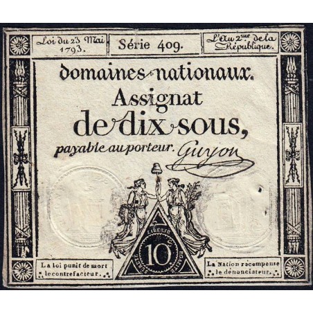 Assignat 40b - 10 sous - 23 mai 1793 - Série 409 - Filigrane républicain - Etat : TTB