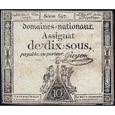 Assignat 40b - 10 sous - 23 mai 1793 - Série 547 - Filigrane républicain - Etat : B+