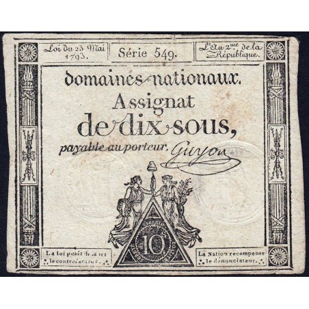 Assignat 40b - 10 sous - 23 mai 1793 - Série 549 - Filigrane républicain - Etat : TB+