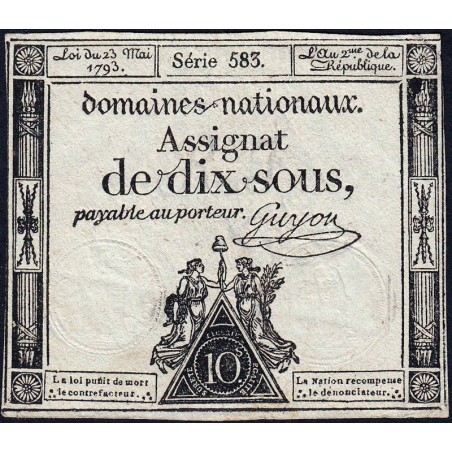 Assignat 40b - 10 sous - 23 mai 1793 - Série 583 - Filigrane républicain - Etat : TTB+