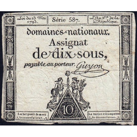 Assignat 40b - 10 sous - 23 mai 1793 - Série 587 - Filigrane républicain - Etat : TB