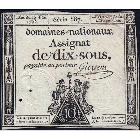 Assignat 40b - 10 sous - 23 mai 1793 - Série 587 - Filigrane républicain - Etat : TB