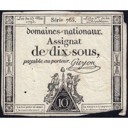 Assignat 40b - 10 sous - 23 mai 1793 - Série 765 - Filigrane républicain - Etat : B