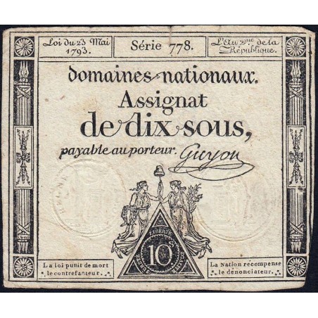 Assignat 40b - 10 sous - 23 mai 1793 - Série 778 - Filigrane républicain - Etat : TB+