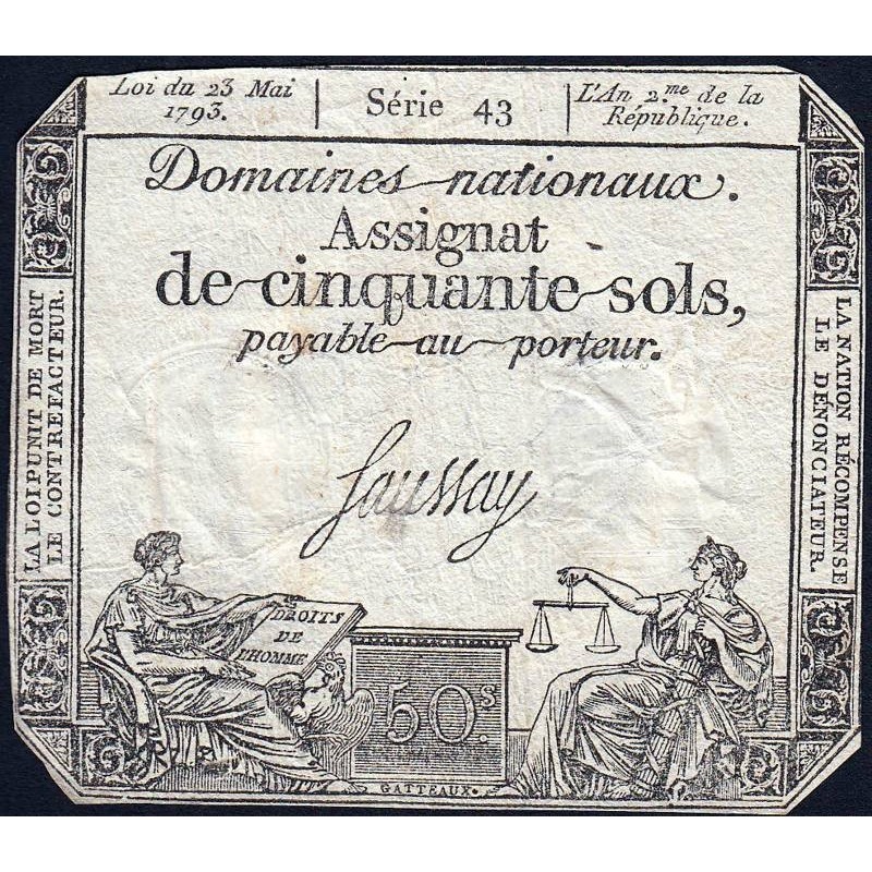 Assignat 42b - 50 sols - 23 mai 1793 - Série 43 - Filigrane républicain - Etat : TB