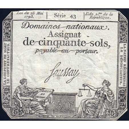 Assignat 42b - 50 sols - 23 mai 1793 - Série 43 - Filigrane républicain - Etat : TB