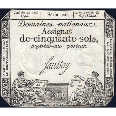 Assignat 42b - 50 sols - 23 mai 1793 - Série 46 - Filigrane républicain - Etat : TTB