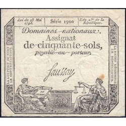 Assignat 42b - 50 sols - 23 mai 1793 - Série 1900 - Filigrane républicain - Etat : TTB