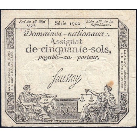 Assignat 42b - 50 sols - 23 mai 1793 - Série 1900 - Filigrane républicain - Etat : TTB