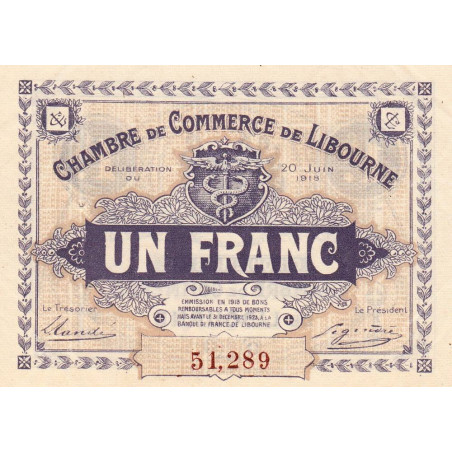 Libourne - Pirot 72-25 - 1 franc - Cinquième série - 20/06/1918 - Etat : SUP+