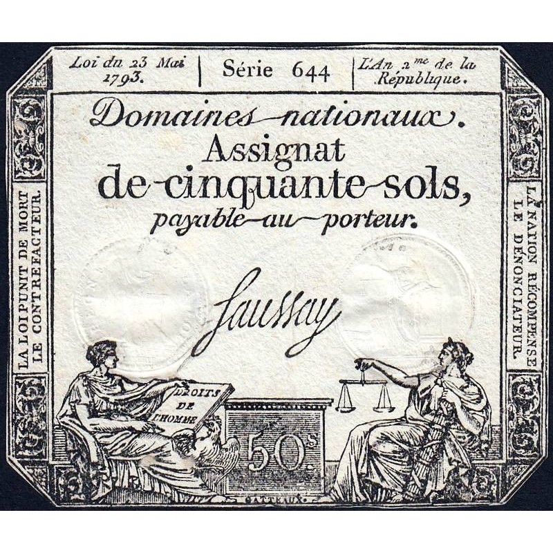 Assignat 42b-v1 (variété) - 50 sols - 23 mai 1793 - Série 644 - Filigrane républicain - Etat : SUP