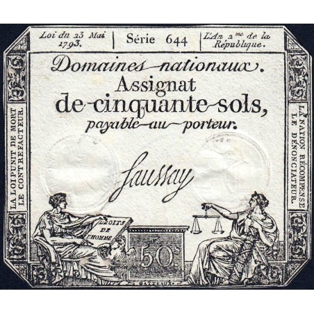 Assignat 42b-v1 (variété) - 50 sols - 23 mai 1793 - Série 644 - Filigrane républicain - Etat : SUP