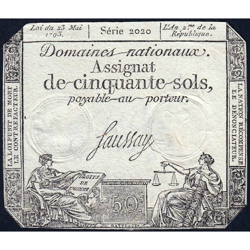 Assignat 42b-v1 (variété) - 50 sols - 23 mai 1793 - Série 2020 - Filigrane républicain - Etat : TTB